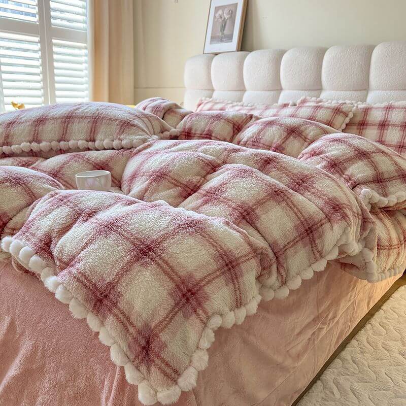 Ensemble de draps en peluche douce à carreaux moelleux et tendance