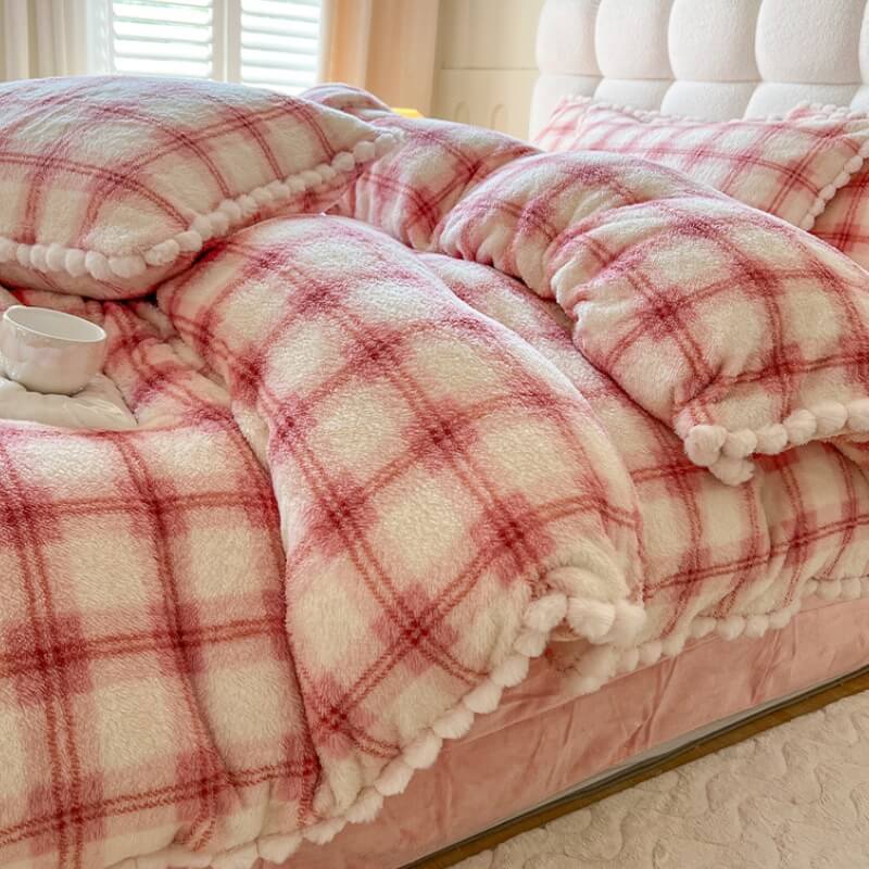 Ensemble de draps en peluche douce à carreaux moelleux et tendance
